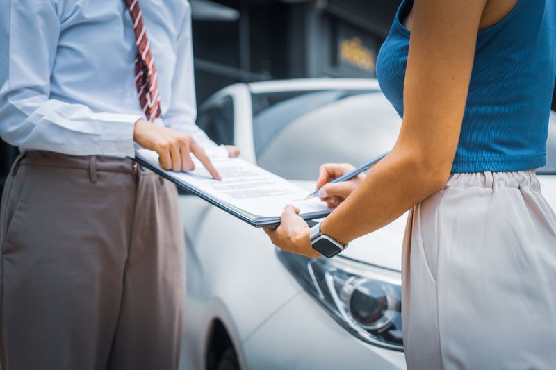 Signature d’un contrat d’assurance auto devant un véhicule